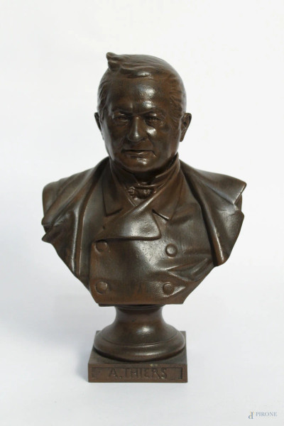 A. Thiers, busto in bronzo firmato A. Carrier, H 26 cm.