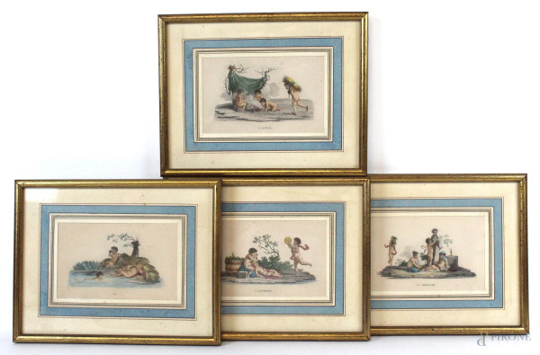 Lotto di quattro stampe a colori raffiguranti le Stagioni, cm 10x16, Francia, XIX secolo, entro cornici.