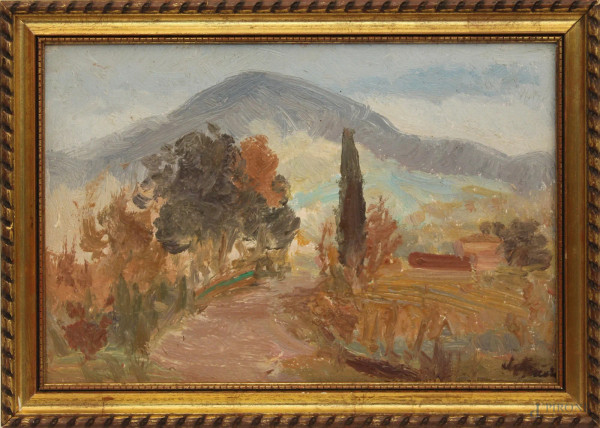 Paesaggio con viale, olio su tela riportato su tavola, cm 20 x 30, firmato, entro cornice.