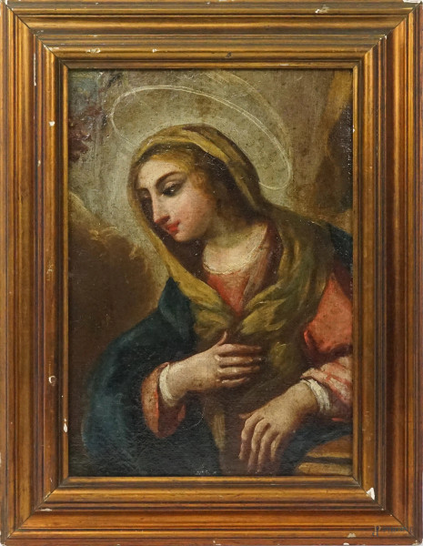 Scuola del XVIII secolo, Vergine, olio su tela applicata su cartone, cm 36x24, entro cornice