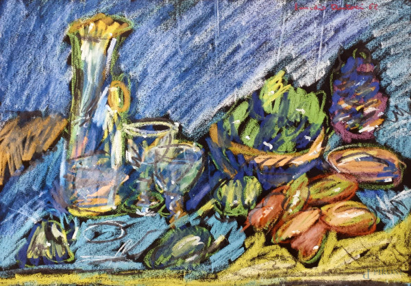 Emidio Antoci, Natura morta con brocca bicchieri e frutta, pastelli grassi su carta, cm 50x35, firmato.