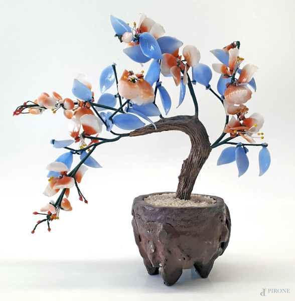 Bonsai vintage di arte cinese realizzato con mix di pietre burattate in varie tonalit&#224; di colore, altezza cm 35