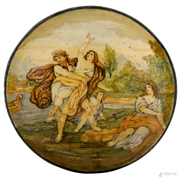 Piatto istoriato con il rapimento di Elena, Manifattura Castelli, XX secolo, diametro cm 36, (difetti di cottura, sbeccature e caduta di smalto stannifero)