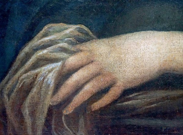 Seguace di Simon Vouet (Parigi, 1590 – Parigi, 1649), Carità romana, olio su tela, cm 64x84, seco...