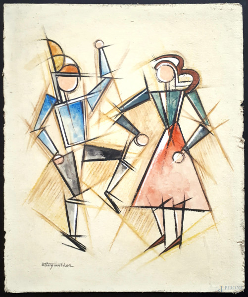 Composizione futurista raffigurante figure danzanti, tecnica mista su cartone, cm 27x23, firmato