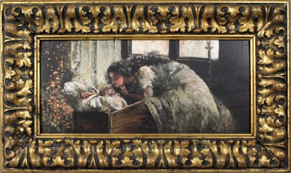 Maternit&#224;, olio su tavola, cm. 18,5x41, firmato, entro cornice.