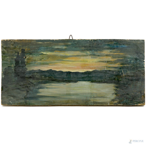 Tramonto sul lago, olio su tavola, XX secolo, firmato, cm 18x38,5 (difetti)