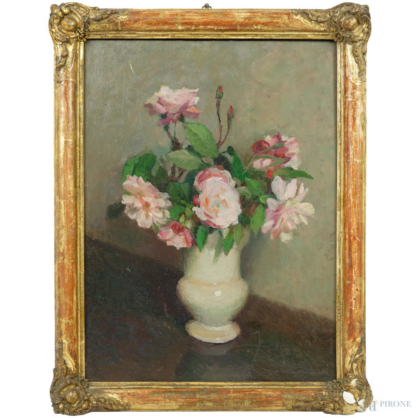 Vaso con fiori, olio su tavola, fine XIX secolo, cm 46x35, entro cornice