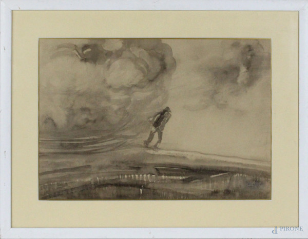 Paesaggio con figura, acquarello su carta, cm. 34x39, firmato, difetti sulla carta, entro cornice.