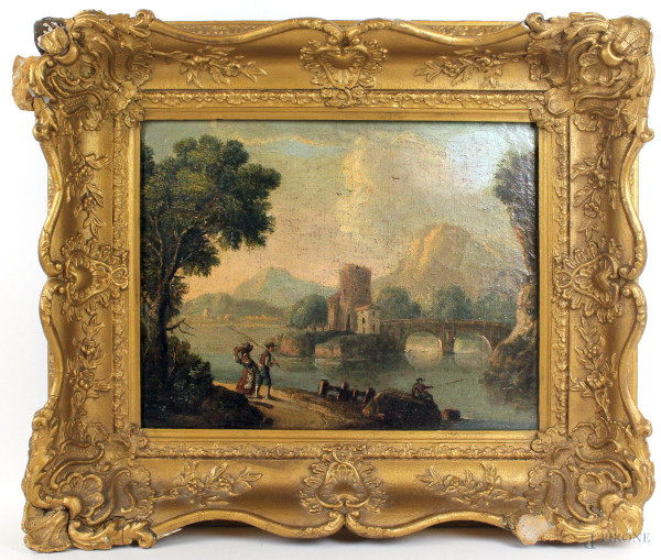 Paesaggio con viandanti e pescatore, olio su tela, cm 33,5x41,5, XIX secolo, entro cornice.