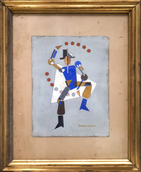 Scuola dell’Avanguardia Russa, Figura suprematista, XX secolo, tecnica mista su cartone, cm 35x26, firmato in basso a destra in caratteri cirillici, entro cornice
