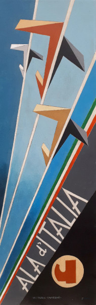 Vittorio Caproni (XX sec.) Ala d’Italia, aeropittura a tecnica mista su tavola, cm 51x15, firmato...