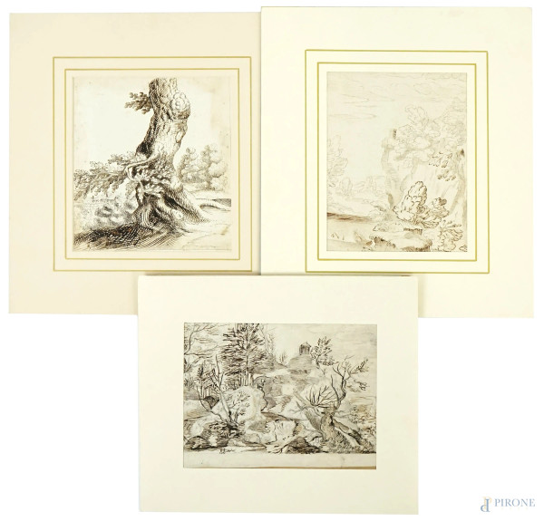 Lotto di tre disegni raffiguranti paesaggi, XVII-XVIII secolo, misure max cm 32x22