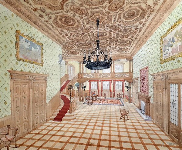 Artista della fine dell’800, Veduta di interno di dimora nobiliare, acquarello su carta, cm 56x67