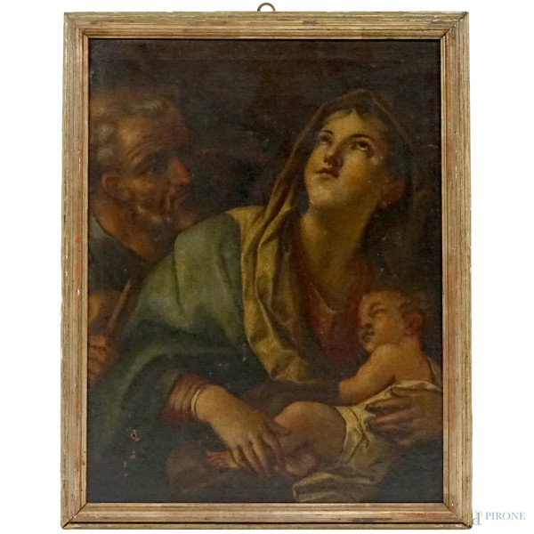 Pittore del XVIII secolo, Sacra famiglia, olio su tela, cm 73x53, entro cornice, (difetti)