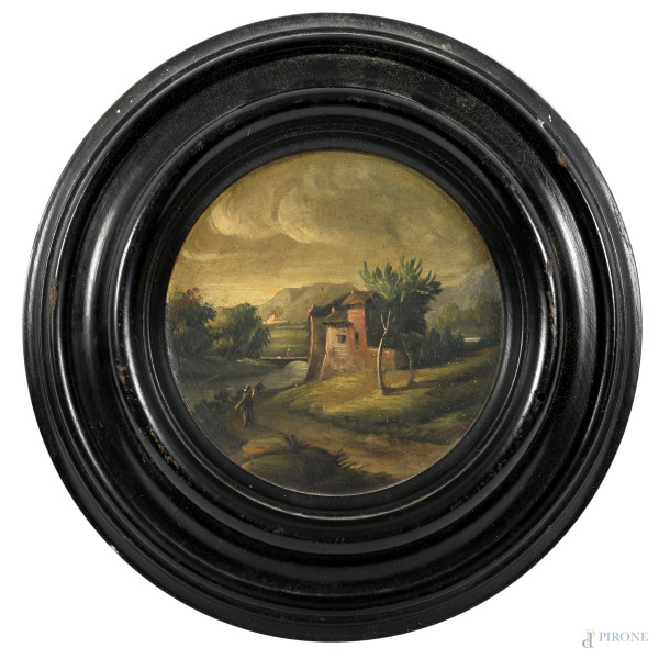 Lotto di quattro dipinti a serto circolare con nature morte e scene di paesaggio, XIX-XX secolo, ...