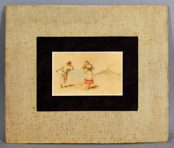 La tarantella, acquarello su carta, cm. 10x16, XIX secolo.