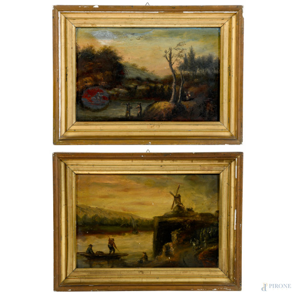 Coppia di scorci fluviali con figure, XIX secolo, olio su tavola, cm 27x40, entro cornice, ( difetti, abrasioni, fessurazioni, cadute di colore, restauri)