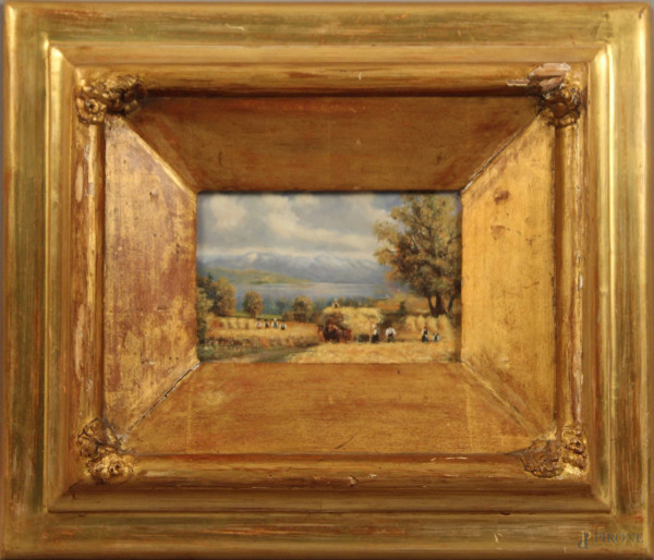 Paesaggio lacustre con contadini, olio su cartoncino, cm 10x16, entro cornice.