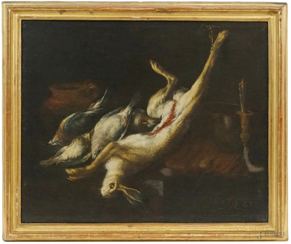Baldassarre De Caro - Natura morta- cacciagione, olio su tela, cm 63x75,5, entro cornice.