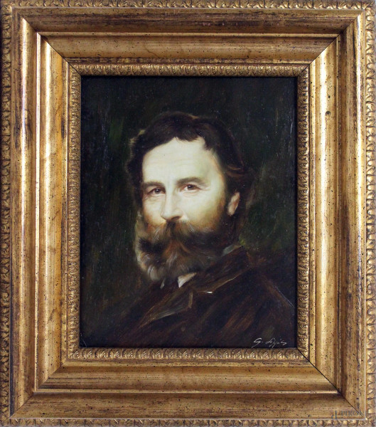 Ritratto di Giuseppe Verdi dipinto olio su tavolo, firmato, cm. 25x20, entro cornice.