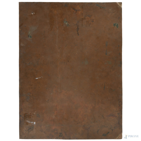 Sacra Famiglia con San Giovannino (da Annibale Carracci), XVII-XVIII secolo, olio su rame, cm 37x...