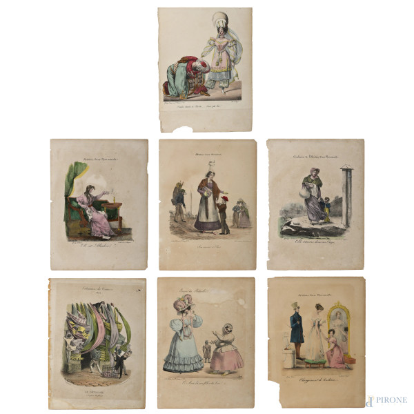 Lotto di sette stampe a colori, XIX-XX secolo, misure massime cm 34x25, (segni di usura, ossidazione della carta, tracce di umidità, foxing, gore, lacerazioni, difetti)