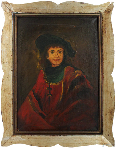 Ritratto di giovane, olio su tela, cm 70x52, primi &#39;900, entro cornice.