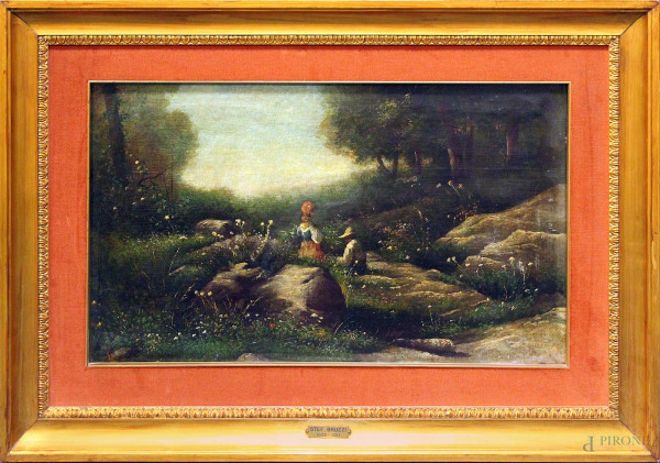 Paesaggio con figure, olio su tela, 35x60 cm, entro cornice firmato.