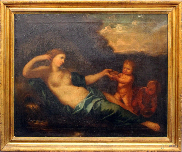 Venere con amorino, olio su tela, XVIII sec., cm 76 x 63.