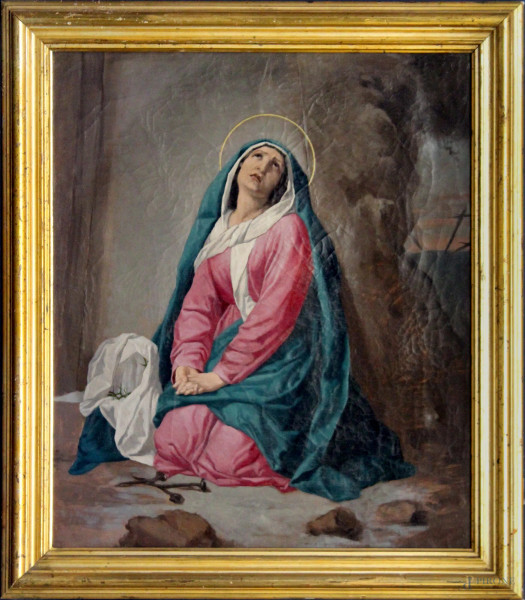 Madonna, olio su tela, XIX sec., cm 69 x 58, entro cornice.