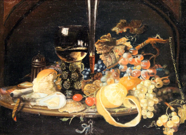 Pittore del XIX sec., Natura morta con frutta, olio su tavola, cm 26x36, entro cornice.