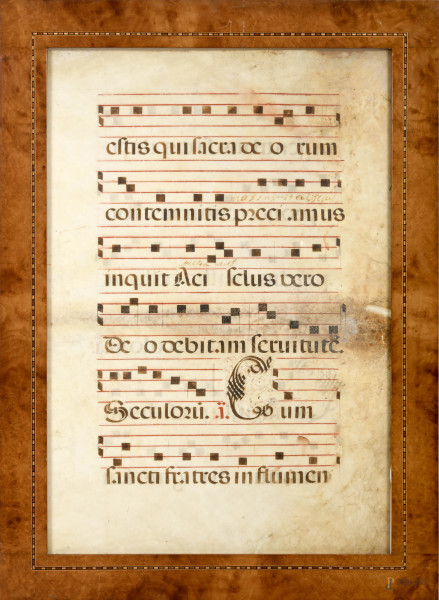 "Cantorum…", inchiostro su pergamena, recto e verso, cm 54x37, entro cornice, (difetti)
