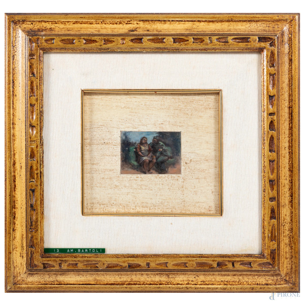 Amerigo Bartoli (1890-1971), Conversazione, olio su  cartone, cm 5,5x8, firmato in alto a destra, entro cornice