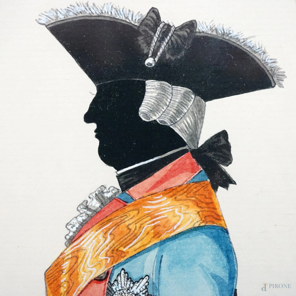 Lotto di nove silhouettes raffiguranti ufficiali in uniforme, acquerelli su carta ad assetto oval...