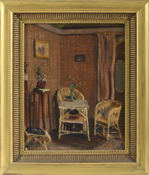 Interno con vaso di fiori, XX secolo, olio su compensato, cm 29,5x23,5, entro cornice