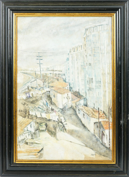 Veduta di città, olio su tela, firmato in basso a destra Puccini, cm 53,5x35,7, entro cornice