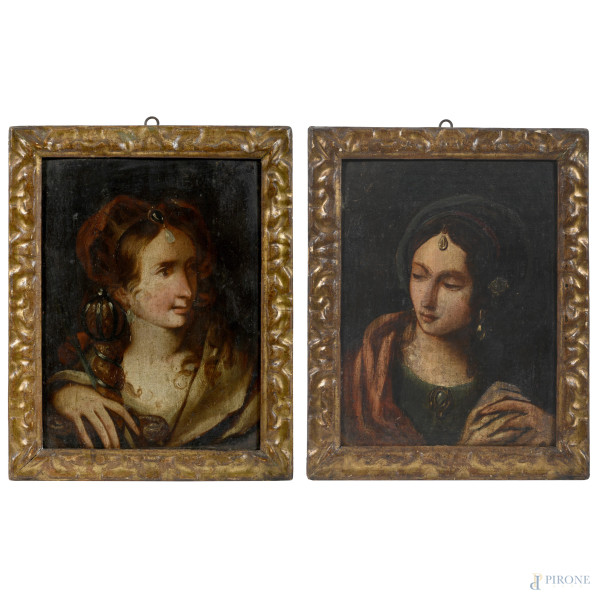 Coppia di dipinti raffiguranti figure femminili, XVIII secolo, olio su tavola, cm 33,5x24,5, entro cornici coeve, (fori di tarlo, abrasioni, cadute di colore)