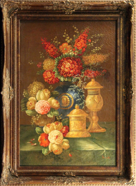 Natura morta con vaso di fiori, olio su tela 90x60 cm, firmato, entro cornice.