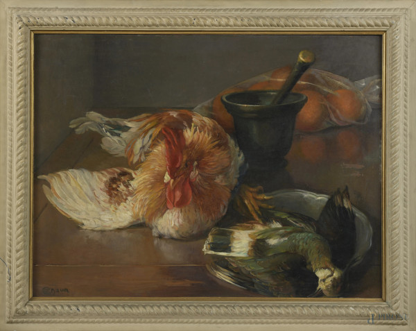 Natura morta con gallo e mortaio, XX secolo, olio su faesite, cm 50x66, firmato in basso a sinistra, entro cornice