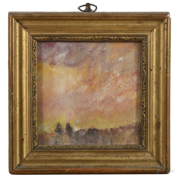 Paesaggio, XX secolo, tecnica mista su carta applicata su cartone, cm 13,5x13,5, entro cornice, (segni di usura, ondulazioni della carta, abrasioni, difetti)