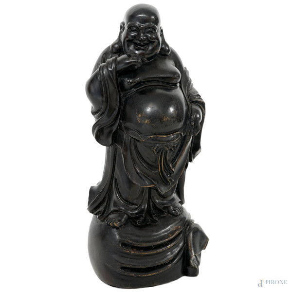 Buddha, scultura in legno ebanizzato, arte orientale, XX secolo, cm h 27, (lievi difetti)