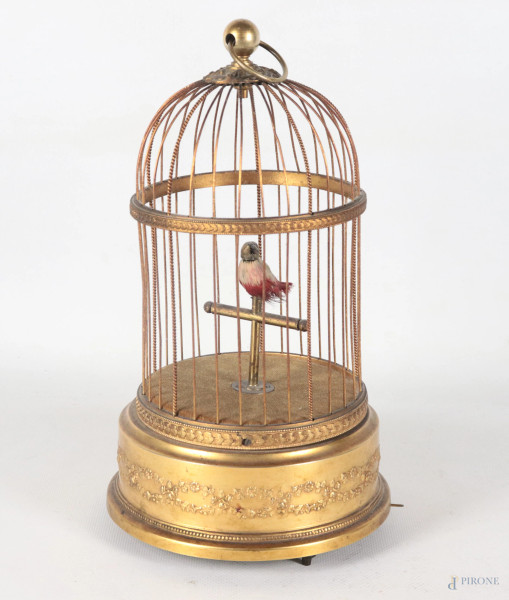 Carillon automa a foggia di gabbietta con uccellino canterino, Francia, XIX secolo, altezza cm 27, (segni di usura, funzionante, da revisionare)