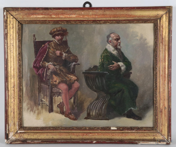 Personaggi in costume, XX secolo, olio su tela applicata su cartone, cm 27x34, entro cornice, (segni di usura, ondulazioni e tracce di piegatura del supporto, difetti)