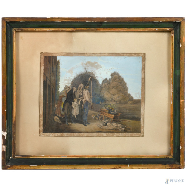Il carretto, XIX-XX secolo, stampa su carta, cm 20x26, entro cornice(segni di usura, umidità, difetti, ondulazioni, piegature)