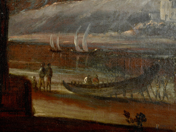 Scuola Romana del XVIII secolo, Paesaggio con architetture e rovine, olio su tela, cm 63,5x126 en...