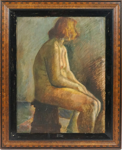 Emile Baes - Ritratto di donna, dipinto double face ad olio su compensato, cm 72,5x55, entro cornice.