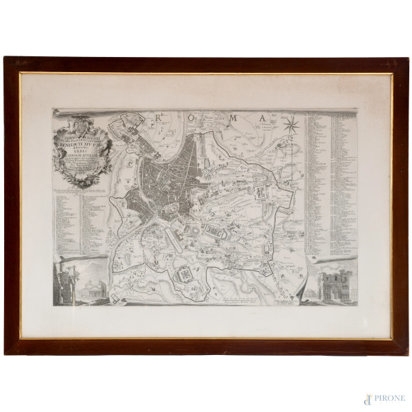 Incisione topografica di Roma, XX secolo, (Giovanni Battista Nolli, Roma 1748), cm 60x83, entro cornice, (lieve foxing)
