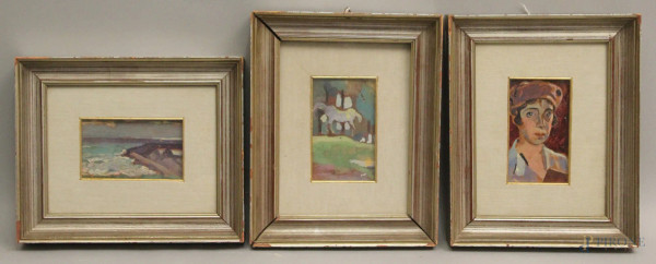 Buonaiuti, lotto composto da tre dipinti su cartoncino a soggetti diversi cm, 10x15, entro cornici.