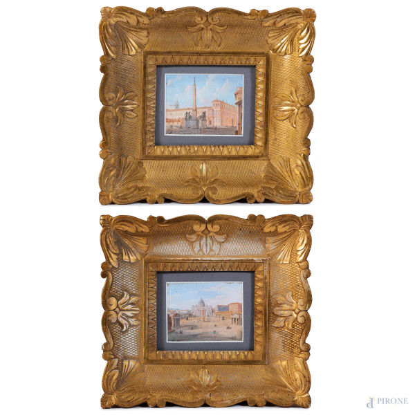Coppia di vedute di Roma, tecnica mista su carta, cm 8x10, firmati in basso, entro cornice, (cadute di colore, tracce di umidità, segni di usura)